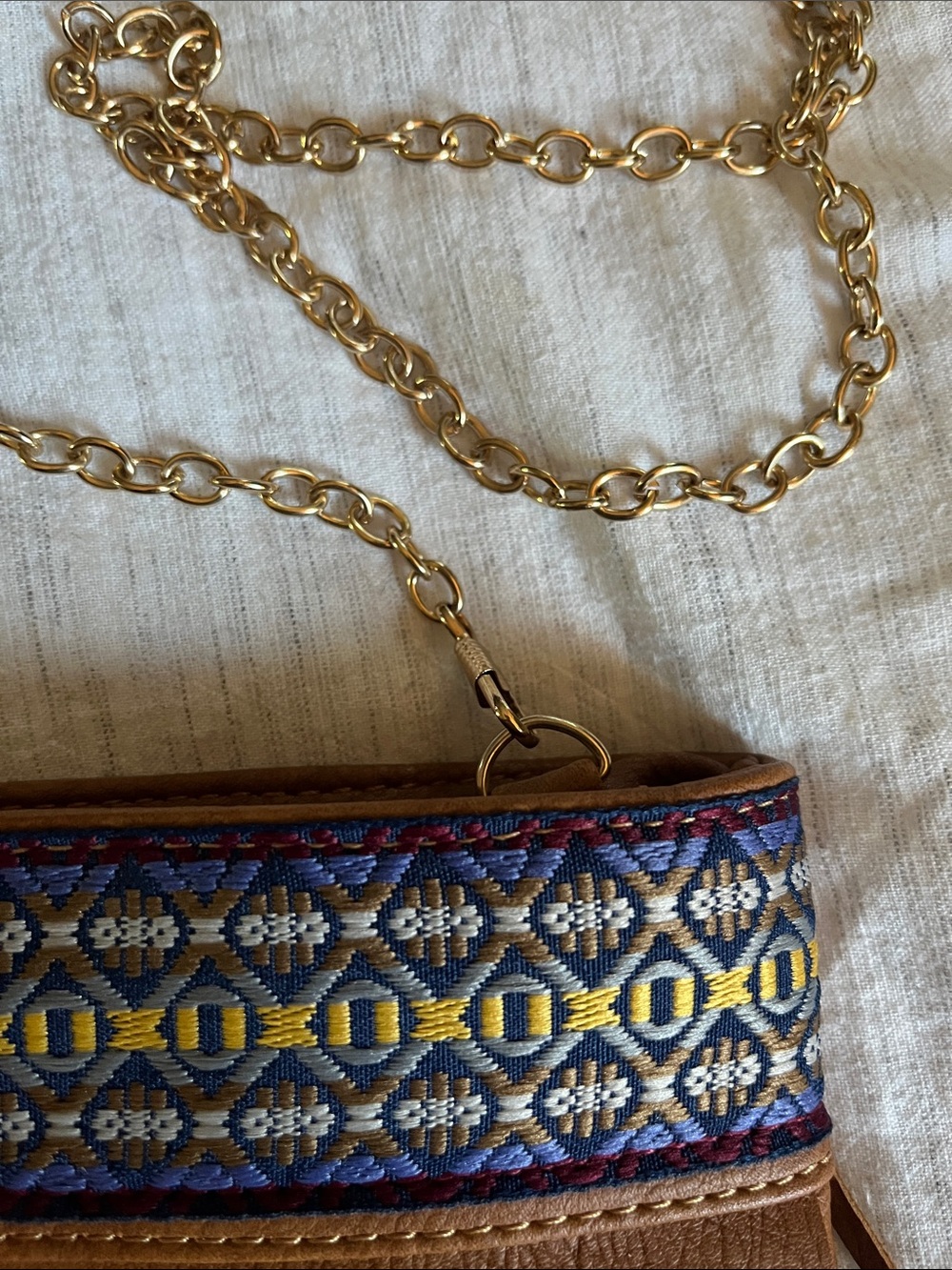 Faux Leather Fringe Crossbody Bag with Embroidered Trim, Like New - Picture 4 of 7